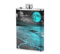 Ocean Waves Blue Glow Moon Sea Water Pocket Hip Flask 8 Oz, Stainless Steel Flagons for Dad Groomsman Wedding Travel Camping
