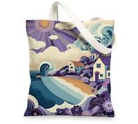 Ocean Waves Canvas Tote Bags, Artistic Coastal Beach Pattern Reusable Shopping Bags, Vintage Seaside Lightweight Washable Shoulder Strap Tote for Travel Picnic 13x15 Inch