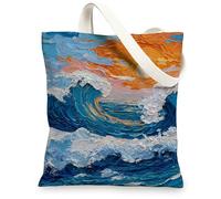 Ocean Waves Canvas Tote Bags, Artistic Seascape Pattern Reusable Shopping Bags, Modern Abstract Lightweight Washable Should, Blue, 13x15 Inch