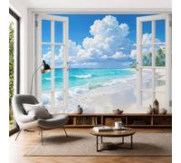 Ocean Waves Coconut Trees Window View Background Wall Mural - 400 × 280 cm Coastal Scenery Photo Wallpaper for Bedroom Living Room Playroom Teen Room, 3D Panoramic Custom Wallpaper Wall Art, Sky Blue