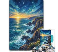 Ocean Waves Crashing on Rocks Under Starry Sk Jigsaw Puzzle, 1000 Pieces | Jigsaw Puzzle for Adults - piece-by-piece progress toward a clear completion goal at home.