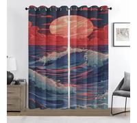 Ocean Waves Curtains, Red Moon Thermal Insulated Noise Reducing Blackout Curtain, Japanese Ukiyo-E Drapes for Bedroom Living Room 90” W x 108” L 2 Panels H91m