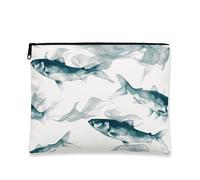 Ocean Waves Fish Makeup Bag, Aqua Ocean Creatures Cosmetic Travel Pouch for Women, Portable Small Canvas Zipper Organizer, Summer Beach Toiletry Bag, Aqua, 7x9 Inch, Fish
