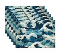 Ocean Waves Japanese Ukiyo-E Style Placemats Set Of 2 - Machine Washable Linen-Like Cloth Place Mats & Non-Slip Table Placemats 45X30Cm For Family Meals, Daily Use, (Navy Blue)