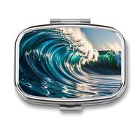 Ocean Waves Pill Organizer Container for Travel, Metal 2 Compartment Square Pill Case, Portable Mini Medicine Box Pill Storage Case for Purse Pocket, Supplement Storage