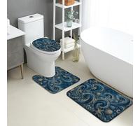 Ocean Waves Quick Dry Bath Mat, Blue Swirl and Seashell Absorbent Non Slip Shower Mat, Summer Coastal Flannel Washable Bath Rugs for Bathroom Decorative 3 Piece Sets