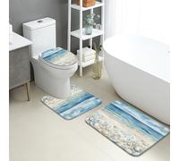Ocean Waves Quick Dry Bath Mat, Coastal Beach Stones Absorbent Non Slip Shower Mat, Summer Decorative Flannel Washable Bath Rugs for Bathroom Toilet Restroom 3 Piece Sets