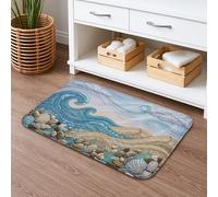 Ocean Waves Quick Dry Bath Mat, Coastal Blue Shells Stones Absorbent Non Slip Shower Mat, Summer Flannel Washable Bath Rugs for Bathroom Decorative 20x32 Inch