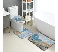Ocean Waves Quick Dry Bath Mat, Coastal Blue Shells Stones Absorbent Non Slip Shower Mat, Summer Flannel Washable Bath Rugs for Bathroom Decorative 3 Piece Sets