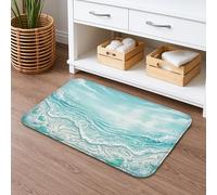 Ocean Waves Quick Dry Bath Mat, Coastal Blue Water Pattern Absorbent Non Slip Shower Mat, Summer Beach Flannel Washable Bath Rugs for Bathroom Toilet Restroom Decorative 16x24 Inch