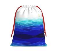 Ocean Waves Sailboat Printing 11.8x15.8in Drawstring Gift Bag With Red Ribbon Closure For Halloween Xmas,For Adults Gifting