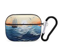 Ocean Waves Sailboat with Birds Maritime Case Cover with Keychain Shockproof Hard Shell Protective Case for 2nd/1st Generation Case for Women Men Bluetooth Earbuds Case