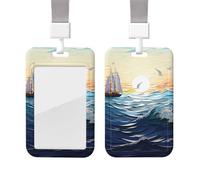 Ocean Waves Sailboat with Birds Maritime Id Badge Holder with Lanyard Waterproof Key Card Holder Case Id Card Protector with Clear Id Window Name Tags for Women Men Work Office Doctor Nurse