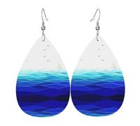 Ocean Waves Sailboat With Birds Maritime Leather Earrings For Women Dangle, Piercing Teardrop Earrings Lightweight Jewelry Gifts For Women Girls