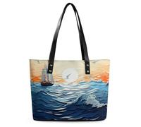 Ocean Waves Sailboat with Birds Maritime Leather Tote Bag for Women Work Shoulder Purses with Zipper Waterproof Large Computer Shoulder Bag Fashion Ladies Shoulder Handbag Reusable Shopping Bags