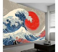 Ocean Waves Sun Wallpaper Photo Mural 450W x 280H cm, Japanese Style Modern Wall Art Print Decor, Large Poster Mural for Bedroom Living Room Office - Decorative Wall Covering for Accent Walls