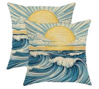 Ocean Waves Throw Pillow Covers Set of 2, Blue and Yellow Coastal Art Cushion Cases, Summer Beach Decorative Square Pillows for Home Sofa Bed Couch 26x26 Inch