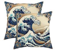 Ocean Waves Throw Pillow Covers Set of 2, Navy Blue Decorative Cushion Cases, Coastal Home Decor for Sofa Bed Couch, Summer Beach Style 20x20 Inch