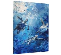 Ocean Waves Unframed Wall Art Sea Turtle Deep Water Landscape Nautical Abstract Royal Blue Grey Canvas Polyester Waterproof Hang Decor Bedroom Living Room Apartment Home Rectangle Artwork 16x20 Inch