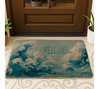 Ocean Waves Welcome Mat for Outdoor and Indoor Coastal Decoration, Waterproof Rubber Non Slip Dust-Absorbing Easy Care Doormat 29" x 17"
