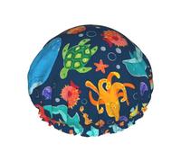 Ocean Whale Fish Octopus Print Shower Cap Reusable Bath Cap Double Layer Bath Hair Caps, Keeps Hair Dry, Fits All Head
