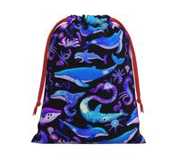 Ocean Whale Fish Printing Drawstring Gift Bag With Red Ribbon Soft Stylish For Christmas Halloween Fits Card Candies