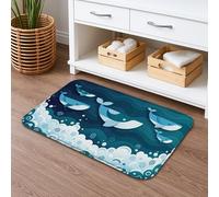 Ocean Whale Quick Dry Bath Mat, Abstract Blue Marine Waves Non Slip Shower Mat, Summer Decorative Flannel Washable Bath Rugs for Bathroom Toilet Restroom 20x32 Inch