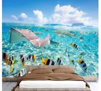 Ocean White Clouds Photo Wallpaper 144"x100" Fish 3D Effect Panoramic Wall Murals Non-Woven Wall Paper for Bedroom Living Room TV Backdrop,Easy to Install W-654