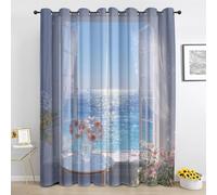 Ocean Window View Blackout Curtains for Bedroom, Coastal Scenery Short Curtain 54 Inch Drop 2 Panels, Dreamy Seaside Curtain for Living Room, Window Curtains with Eyelet
