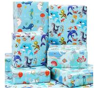 Ocean Wrapping Paper - Birthday Wrapping Paper for Boys Girls Kids with Cute Whales Dolphins Fishes, 6 Large Sheets Sea Blue Gift Wrap for Baby Shower, Folded Flat, 27 X 37 Inch
