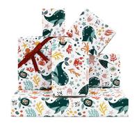 Ocean Wrapping Paper, Birthday Wrapping Paper for Boys Girls Kids with Red Ribbon, Blue Whale Red Crab Sea Horse Fishes Octopus, 4 large sheets 50x70 cm Per Sheet for Birthday, Christmas, Baby Shower