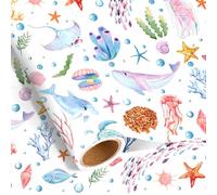 Ocean Wrapping Paper Roll - Dolphin, Whale and Starfish Design - Decorative Wrapping Paper for Kids Birthday, Fishing Theme Party, Baby Shower, 17 x 14 Feet
