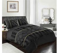 oceanevo® Eleanor Pintuck Duvet Covers with Matching Pillowcases Polycotton Stripes Pleated Bedding Laced Quilt Sets (Black, King)