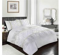 oceanevo® Eleanor Pintuck Duvet Covers with Matching Pillowcases Polycotton Stripes Pleated Bedding Laced Quilt Sets (White, King)