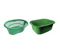 oceanevo Hipster Plastic Laundry Basket With Handles 34L Large Storage Hamper For Washing Clothes Nursery & Home Organisation 11 Colours (Green Basket + 11L Washing Bowl)
