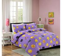 oceanevo® Icon Smiley Duvet Cover with Matching Pillowcases Face Expressions Quilt Polycotton Printed Reversible Children Kids Bedding Set (Lilac, Double)