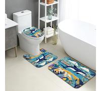 Oceanic Bathroom Mat Sets 3 Piece, Tropical Whale Pattern Absorbent Non Slip Toilet Rugs U Shaped Washable, Summer Nautical Quick Dry Memory Foam Bathroom Rug Set