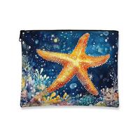 Oceanic Starfish Makeup Bag, Watercolor Ocean Creatures Cosmetic Travel Pouch for Women, Portable Zipper Organizer, Summer Beach Toiletry Bag, Blue, 7x9 Inch, Starfish