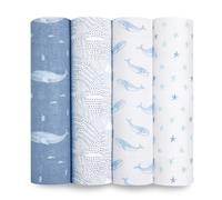 oceanic Swaddle Blanket - Pack of 4 | Large 100% Breathable Organic Muslin Cotton Swaddle Wrap Set for Baby Boys | Blue, Wales, Stars Print Designs |