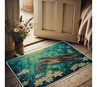 Oceanic Turtle Doormat, Teal Marine Life Mat for Outdoor & Indoor Entrance Coastal Decor, Rubber Waterproof Non-Slip Dust Absorbent Front Doormat, Easy Clean 29x17 Inch
