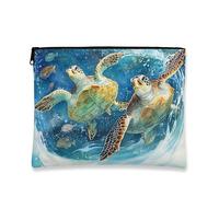 Oceanic Turtle Makeup Bag, Artistic Ocean Creatures Cosmetic Travel Pouch for Women, Portable Canvas Zipper Organizer, Blue, 7x9 Inch, Turtle