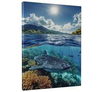 Oceanic Whale Shark Canvas Wall Art, Blue Coral Reef Underwater Photography, Nautical Decor for Living Room, Bedroom, Bathroom, Singular Gift 8x12 Inch