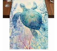 Oceans Animal Table Runner, Summer Blue Sea Turtle Coral Seagrass Linen Texture Cotton and Table Linen Runner for Kitchen Dining Home Decor for Party Festival Holiday Decoration Gift 13x72in