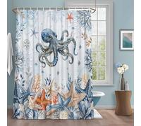Oceans Marine Life Shower Curtain with 12 Hooks Orange Blue Octopus Starfish Corals Gradient Waterproof Fabric Shower Curtains Sets for Bathroom Bath Decorations, Machine Washable, 72"x78"