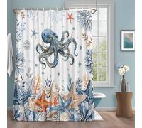 Oceans Marine Life Shower Curtain with 12 Hooks Orange Blue Octopus Starfish Undersea World Waterproof Fabric Shower Curtains Sets for Bathroom Bath Decorations, Machine Washable, 66"x72"