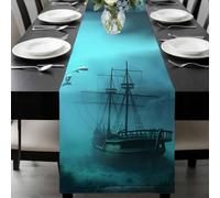 Oceans Shipwrecks Table Runner 13x108 Inches Long Fish Dolphins Medieval Style Vintage Cotton Linen Table Runner Burlap Style for Dinner Table Party Decor Tabletop Decorations