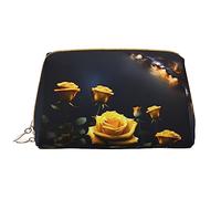OCELIO Beautiful Yellow Roses Leather Portable Cosmetic Bag (Large), Leather Clutch Zipper Cosmetic Bag,Toiletry Bag Travel Bag, Travel Storage Bag, White, One Size