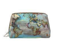 OCELIO Cartoon World Map Leather Portable Cosmetic Bag (Large), Leather Clutch Zipper Cosmetic Bag,Toiletry Bag Travel Bag, Travel Storage Bag, White, One Size