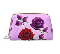 OCELIO Red And Purple Roses Leather Portable Cosmetic Bag (Large), Leather Clutch Zipper Cosmetic Bag,Toiletry Bag Travel Bag, Travel Storage Bag, White, One Size