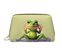 OCELIO The Funny Frog Doing Yoga Leather Portable Cosmetic Bag (Large), Leather Clutch Zipper Cosmetic Bag,Toiletry Bag Travel Bag, Travel Storage Bag, White, One Size